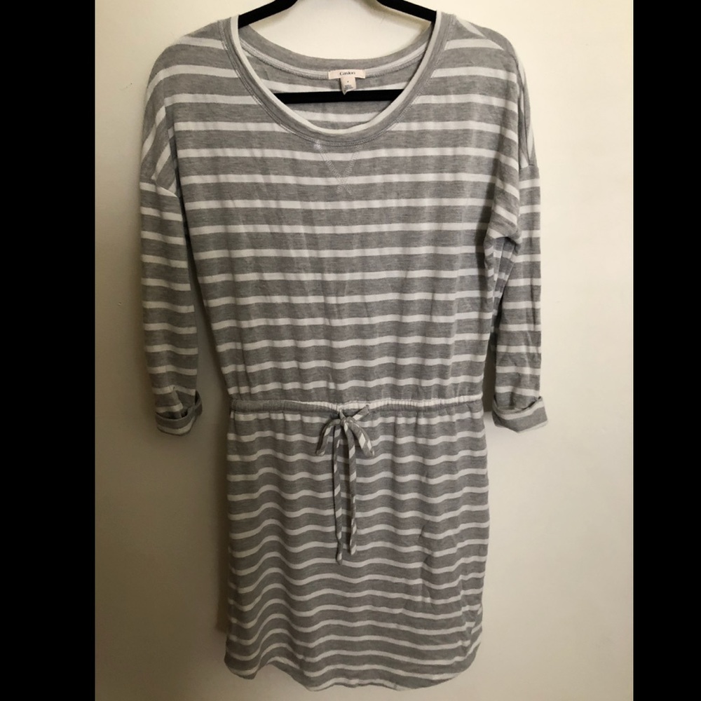 Grey and white striped 3/4 sleeve dress, small